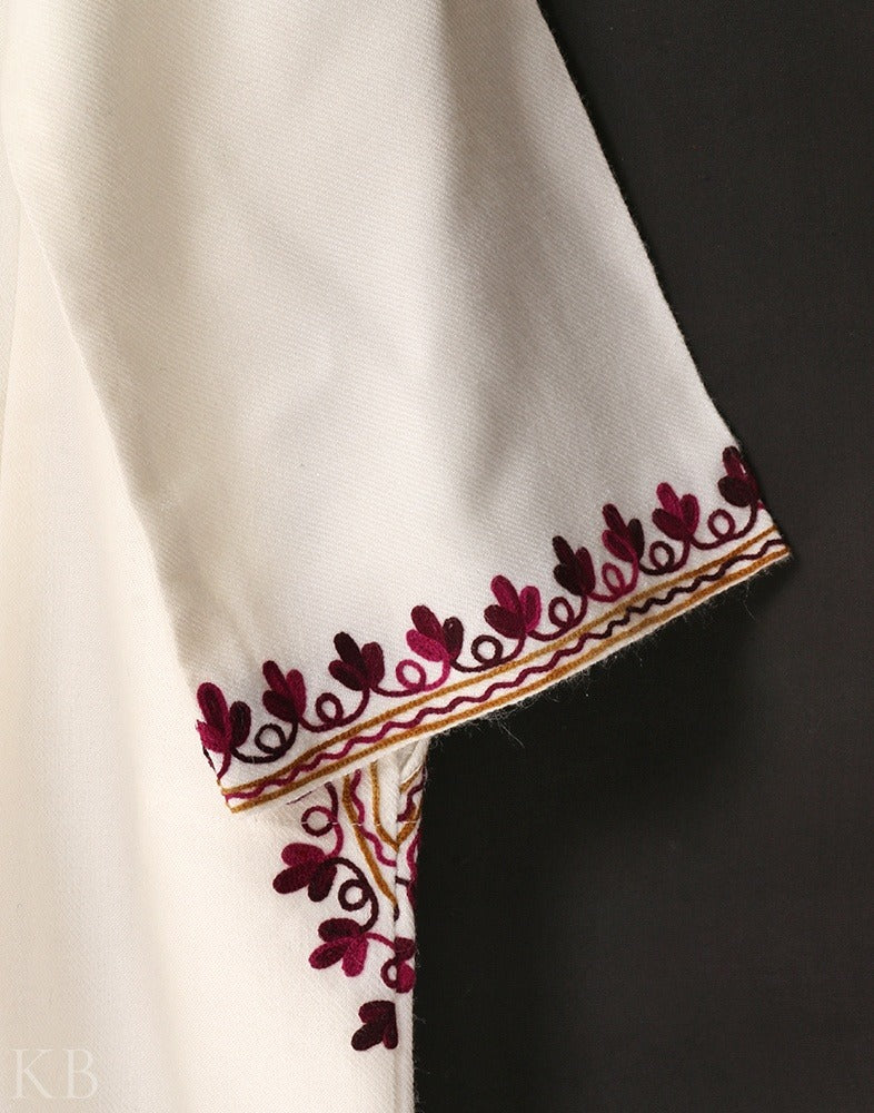Pure White Aari Embroidered Cashmilon Phiran - KashmirBox.com