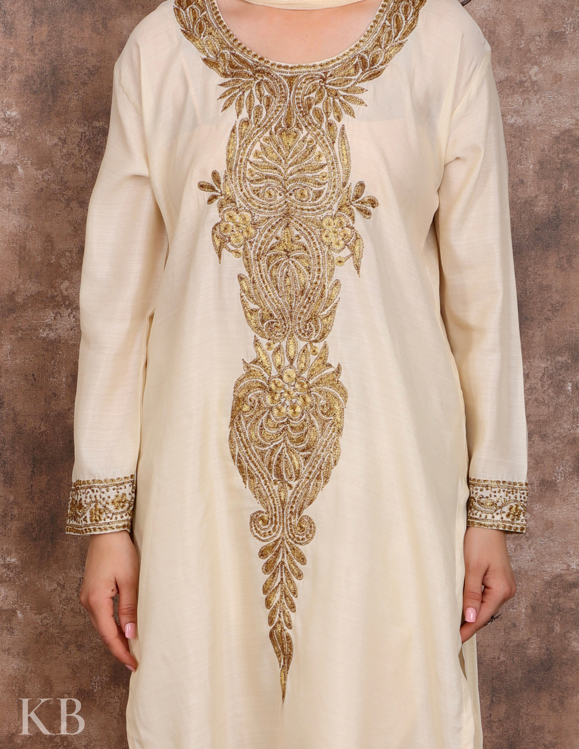 Cream Tilla Embroidered Silk Suit with Dupatta - Kashmir Box