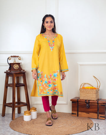Daaman Neck Aari Embroidered Yellow Kurti