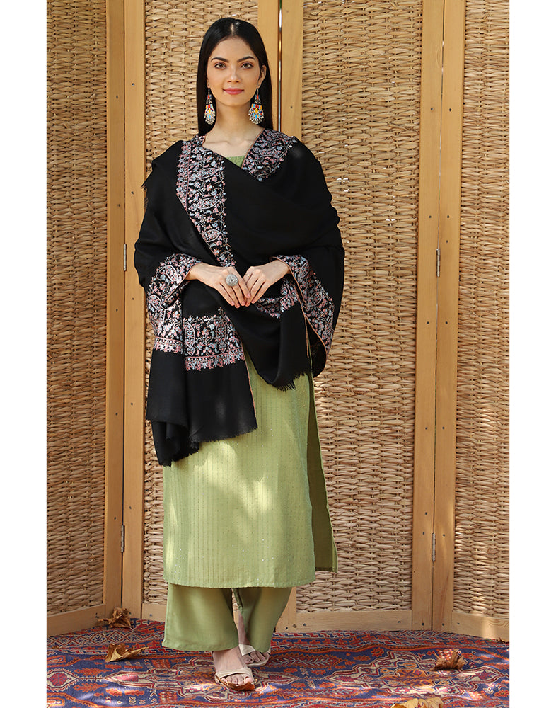 Kohl Sozni Bordered Pashmina Shawl
