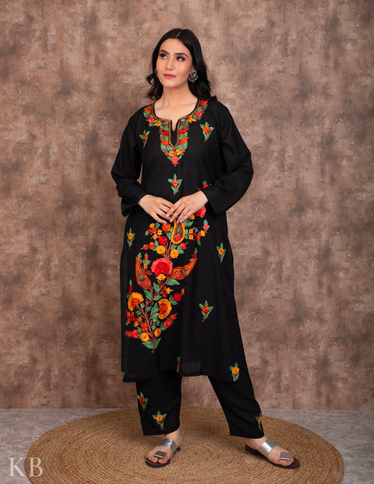 Classic Black Embroidered Cotton Suit - Kashmir Box