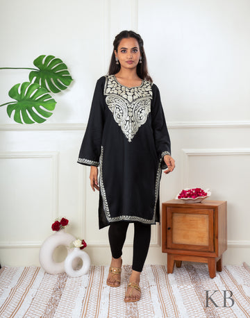 Black Zari Embroidered Cotton Kurti - Kashmir Box