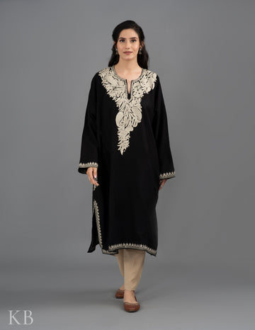 Black And White Zari Embroidered Cashmilon Phiran - Kashmir Box