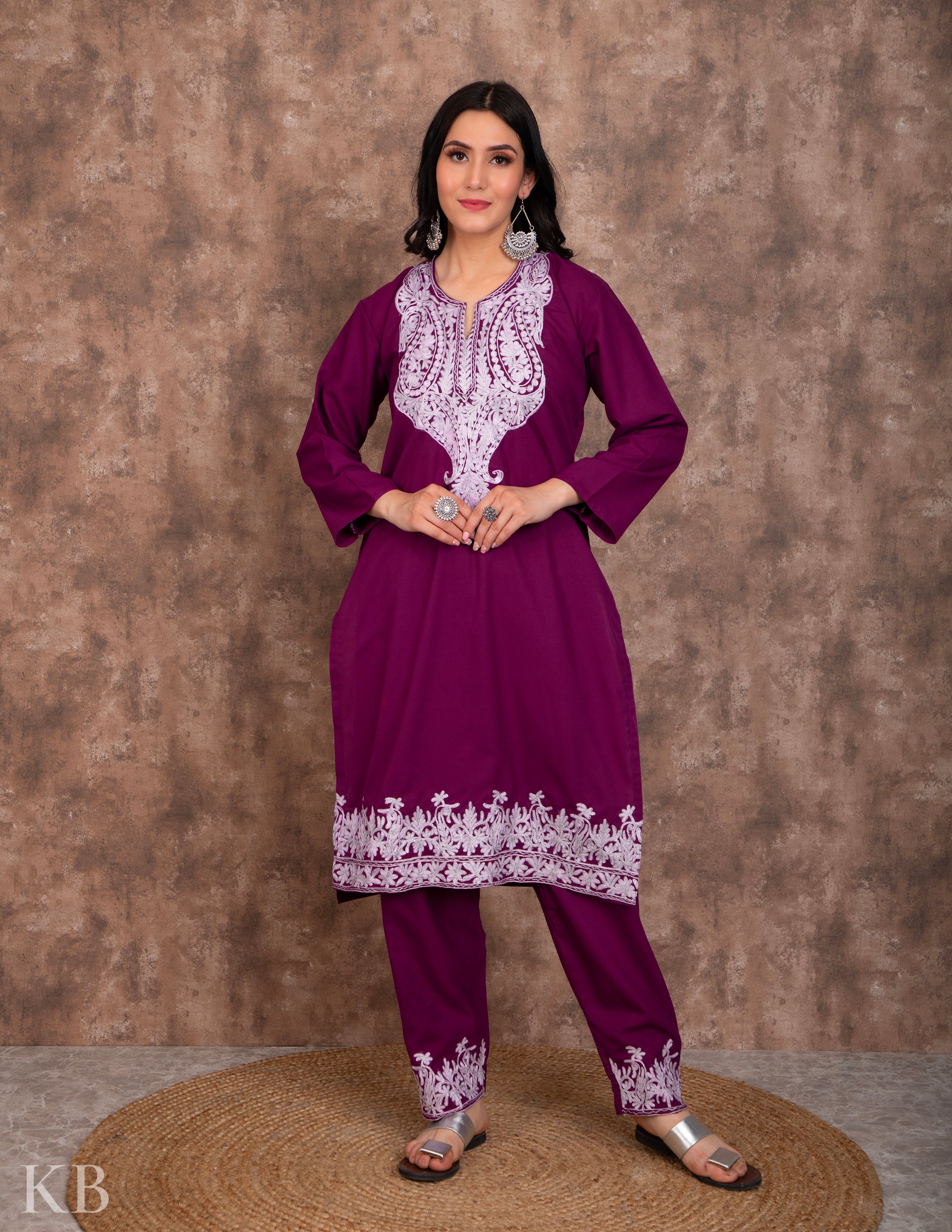 Zari Lined Purple Aari Embroidered Suit - Kashmir Box