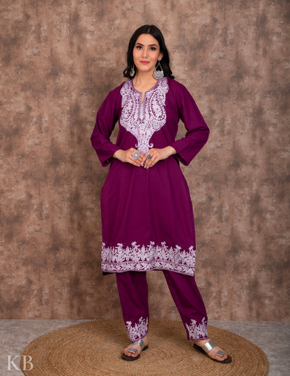 Zari Lined Purple Aari Embroidered Suit - Kashmir Box
