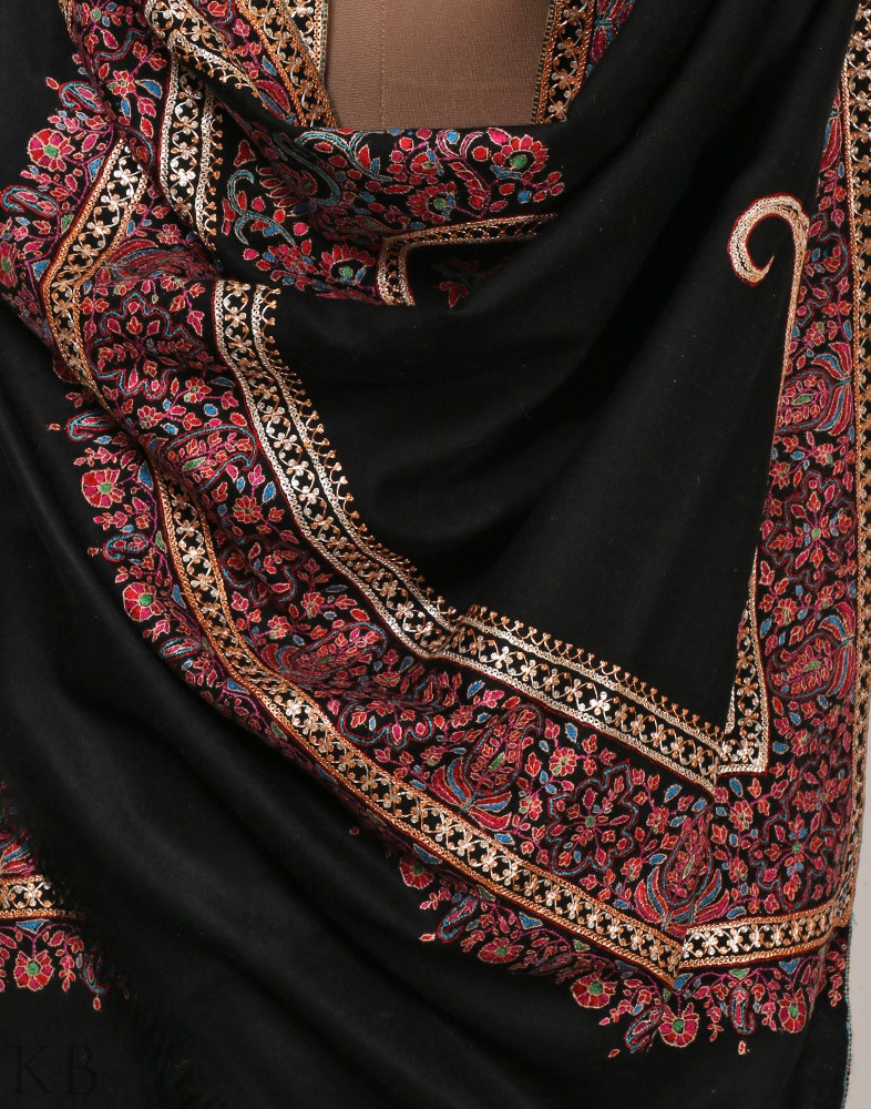 Black Embroidered Doordaar Cashmere Shawl - Kashmir Box