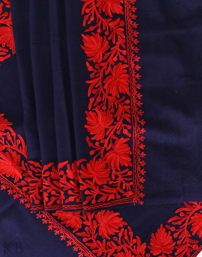 Indigo Blue Aari Embroidered Cashmilon Stole - KashmirBox.com
