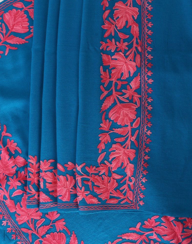 Ferozi Blue Aari Embroidered Cashmilon Stole - KashmirBox.com