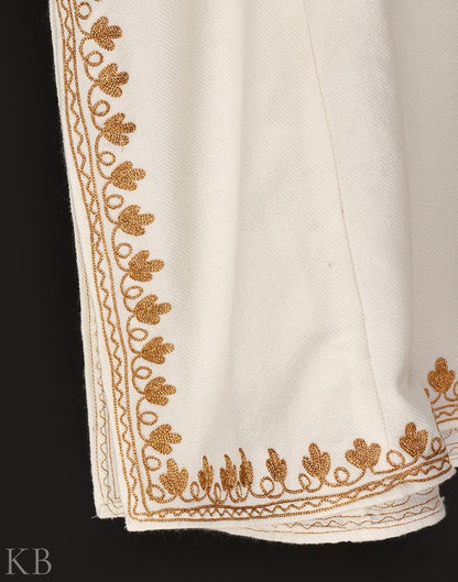 White Zari Embroidered Cashmilon Phiran - KashmirBox.com