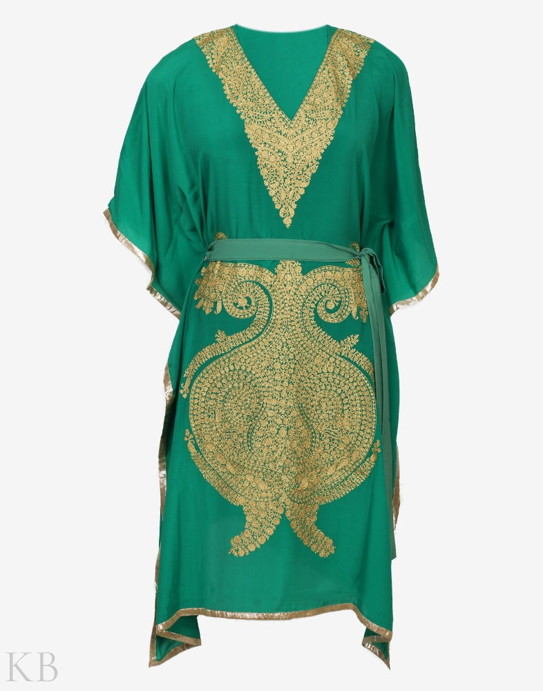 Green Zari Embroidered Crepe Kaftaan - KashmirBox.com