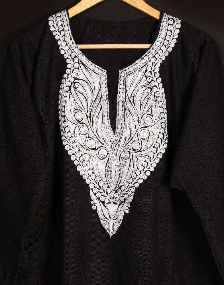 Black Tilla Embroidered Cashmilon Phiran - KashmirBox.com