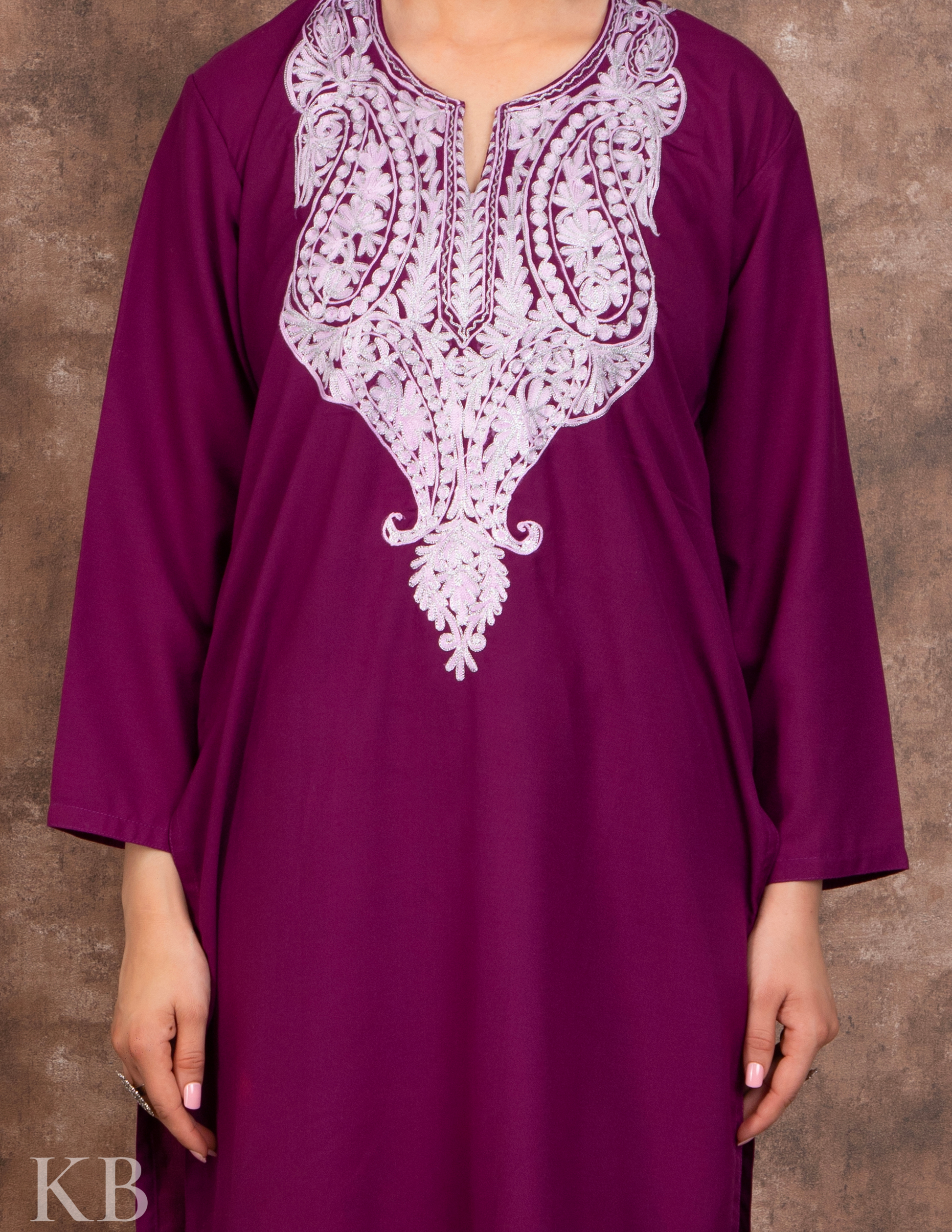 Zari Lined Purple Aari Embroidered Suit - Kashmir Box
