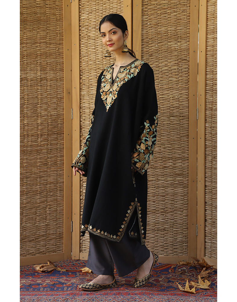 Dark Grey Woolen Ari Embroidered Phiran- Free Size