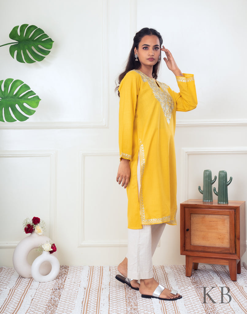 Yellow Zari Embroidered Cotton Kurti - Kashmir Box