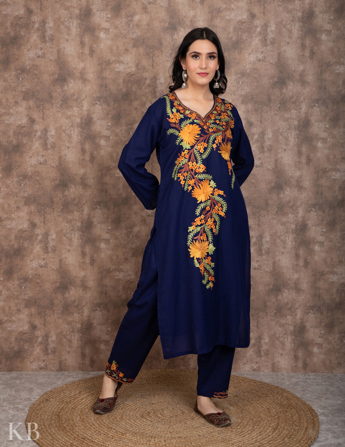 Floral Aari Dark Blue Cotton Suit - Kashmir Box