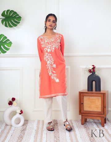 Carrot Orange Zari Embroidered Cotton Kurti - Kashmir Box