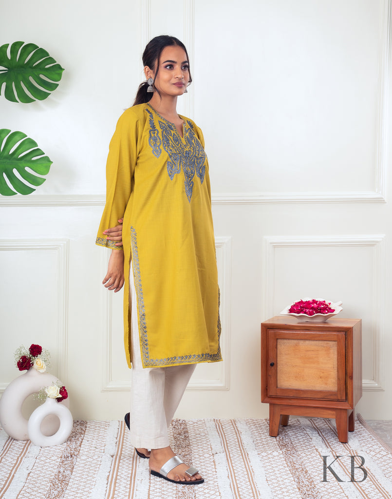 Mustard Zari Embroidered Cotton Kurti - Kashmir Box