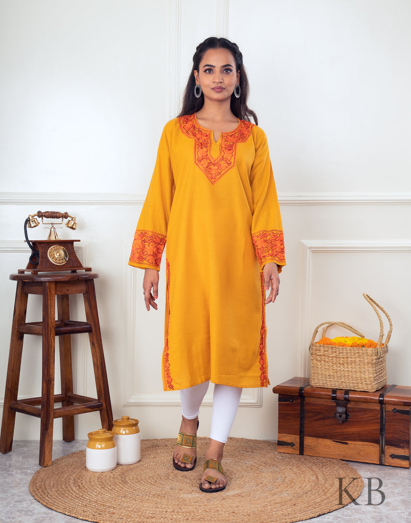 Yellow Aari Embroidered Cotton Kurti - Kashmir Box