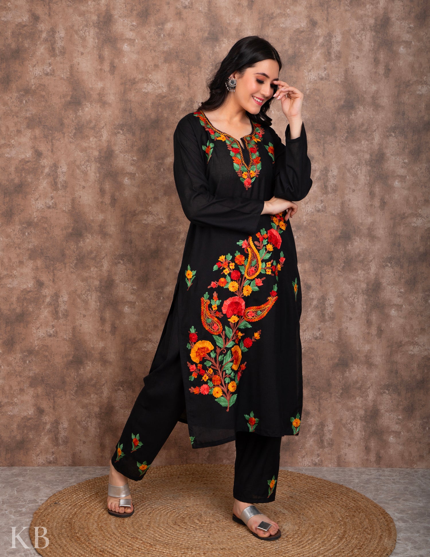 Classic Black Embroidered Cotton Suit - Main Image
