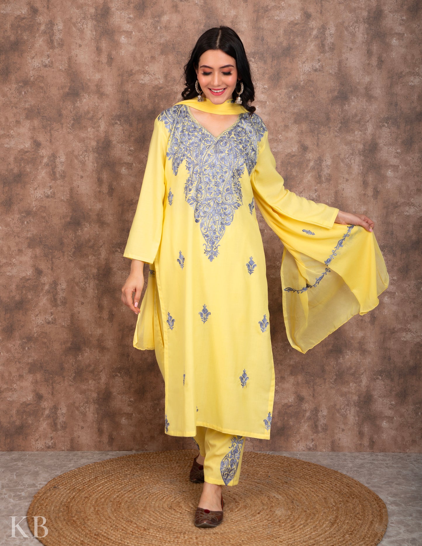 Lemon Aari embroidered Cotton Suit - Kashmir Box