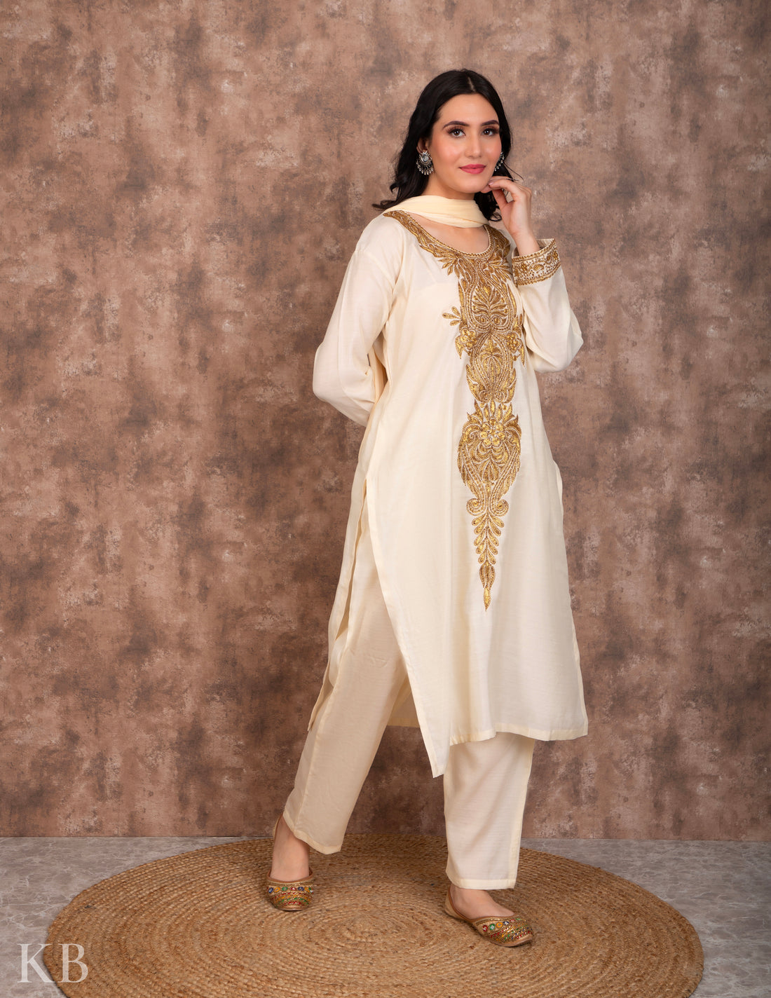 Cream Tilla Embroidered Silk Suit - Kashmir Box