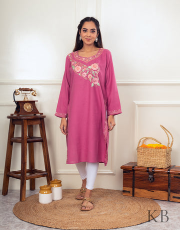 Posh Naal Aari Embroidered Pink Cotton Kurti - Kashmir Box