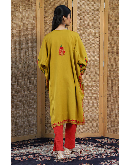 Mustard Aari Embroidered Woolen Phiran - KashmirBox.com