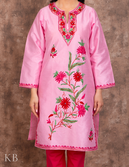 Baby Pink Flowered Embroidered Silk Kurti