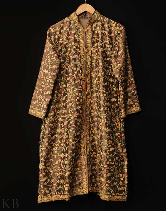 Golden Aari Embroidered Silk Jacket - Kashmir Box