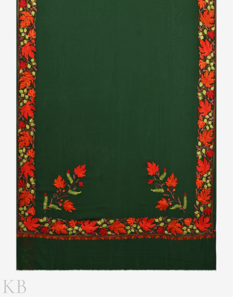 Chinar Border Aari Kaari Green Embroidered Saree - KashmirBox.com