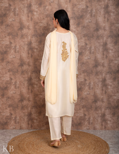 Cream Tilla Embroidered Silk Suit - Kashmir Box