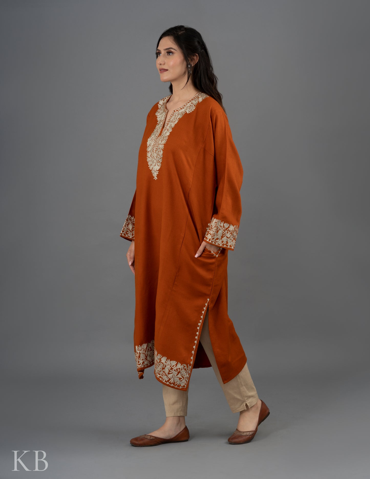 Zari Embroidered Orange Cashmilon Phiran - Kashmir Box