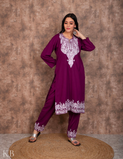Zari Lined Purple Aari Embroidered Suit - Kashmir Box