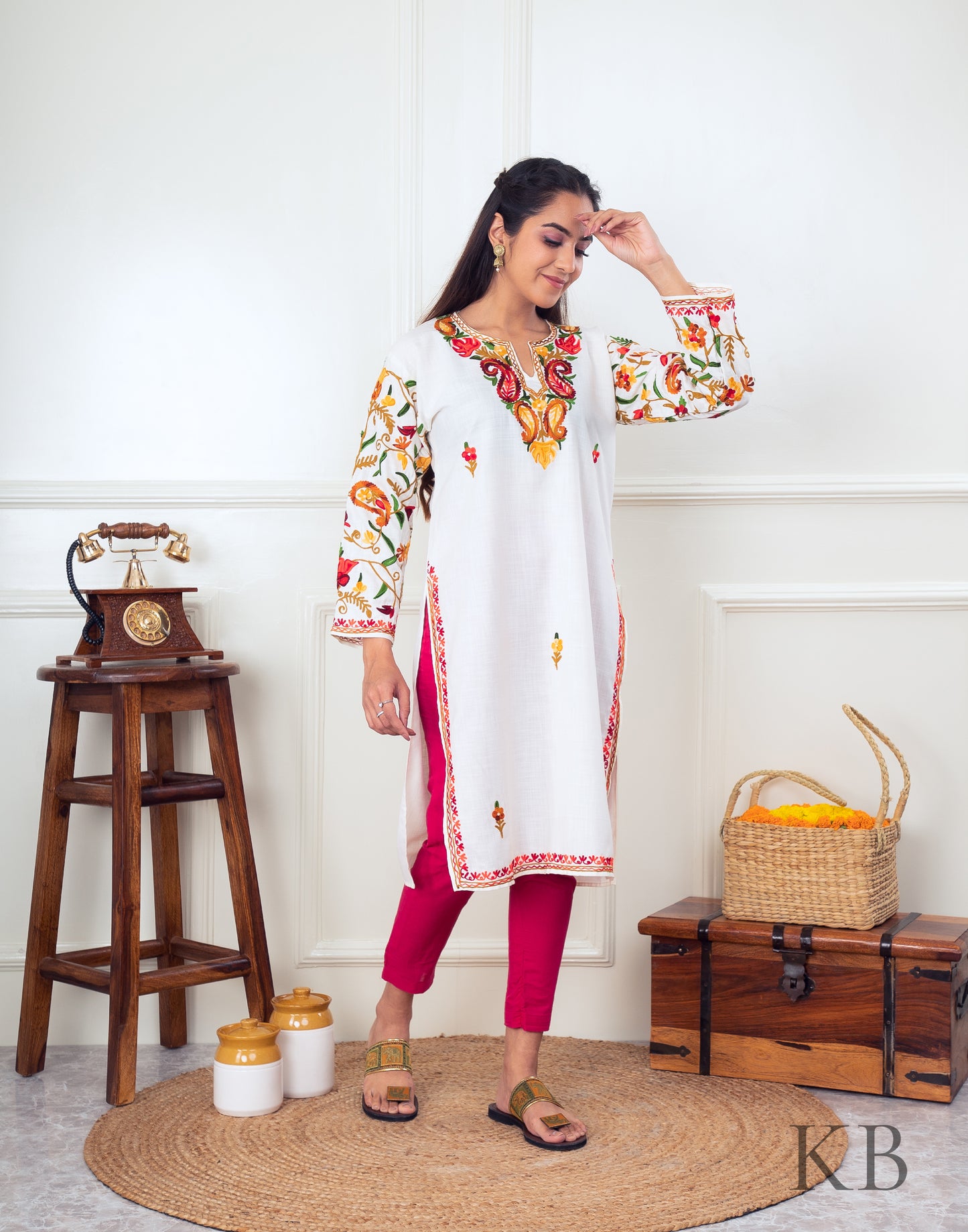 Multicolored Badaam Aari Embroidered Cotton Kurti - Kashmir Box