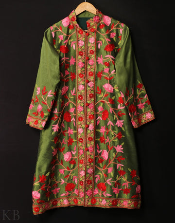 Henna Green Aari Embroidered Silk Jacket - Kashmir Box