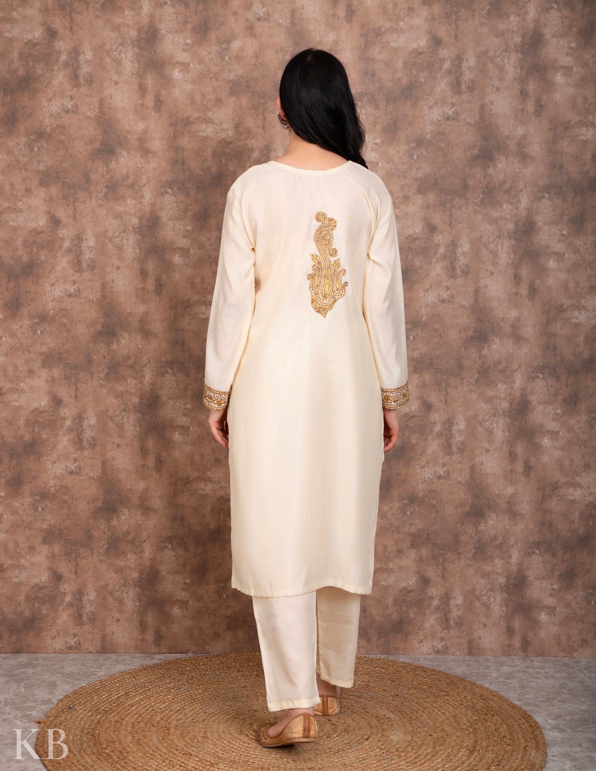 Cream Tilla Embroidered Silk Suit - Kashmir Box