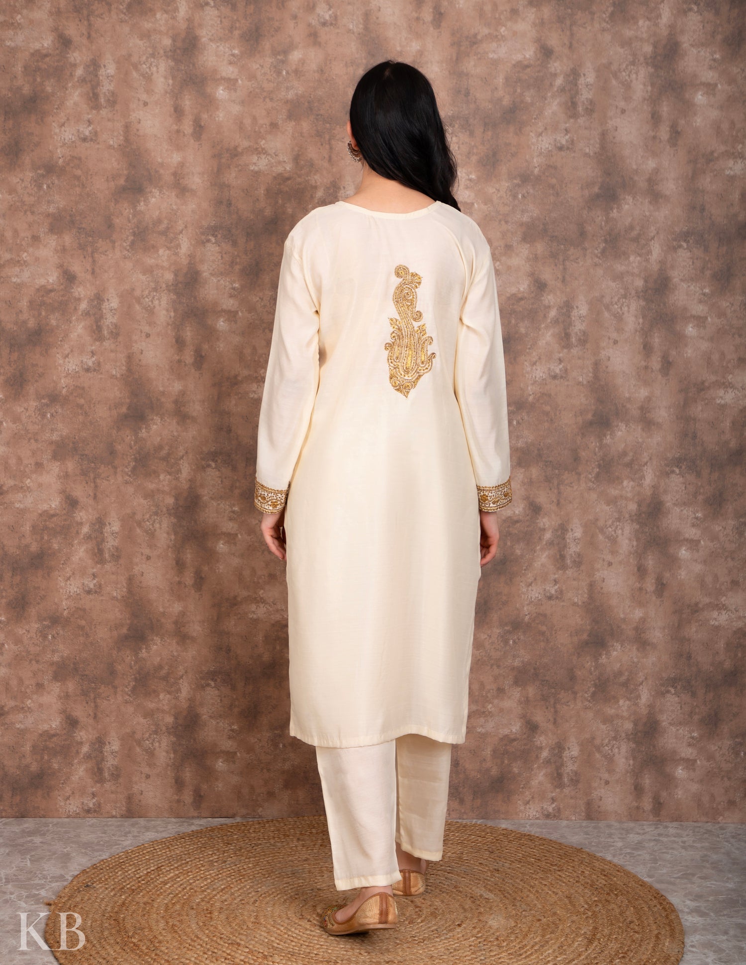Cream Tilla Embroidered Silk Suit - Kashmir Box