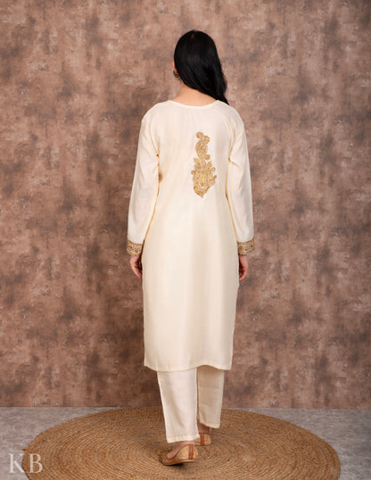 Cream Tilla Embroidered Silk Suit - Kashmir Box