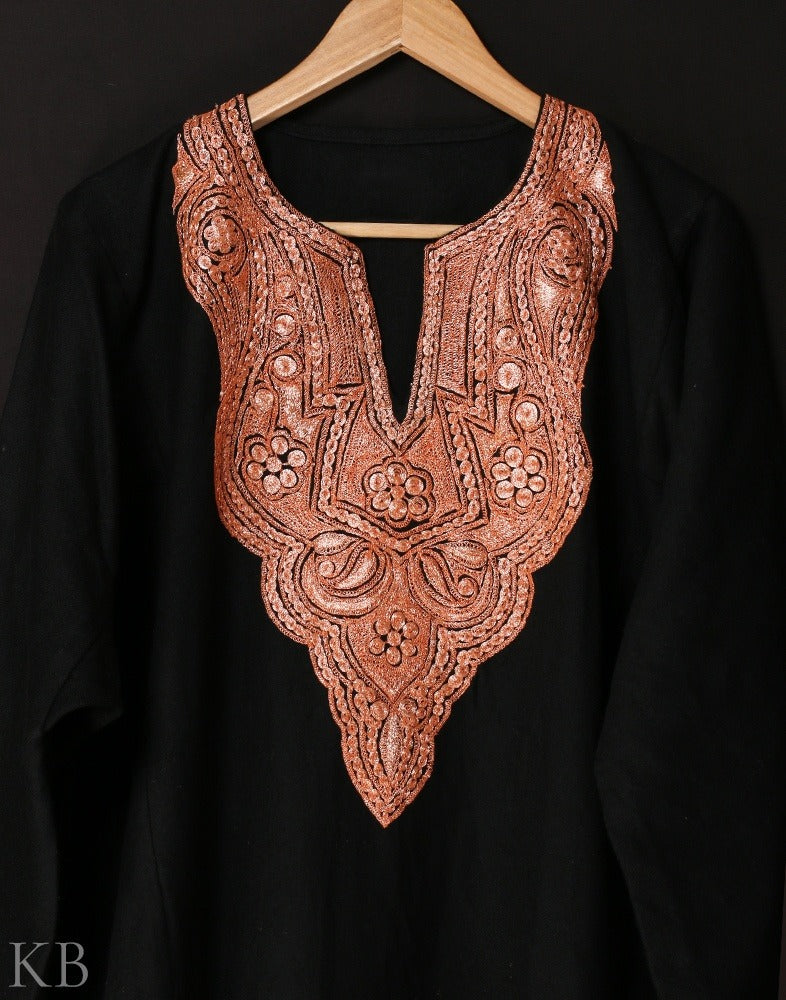 Black Tilla Embroidered Woolen Phiran - KashmirBox.com