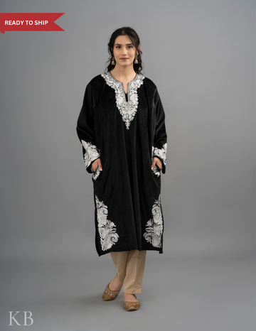 Black Zari Embroidered Velvet Phiran - Kashmir Box