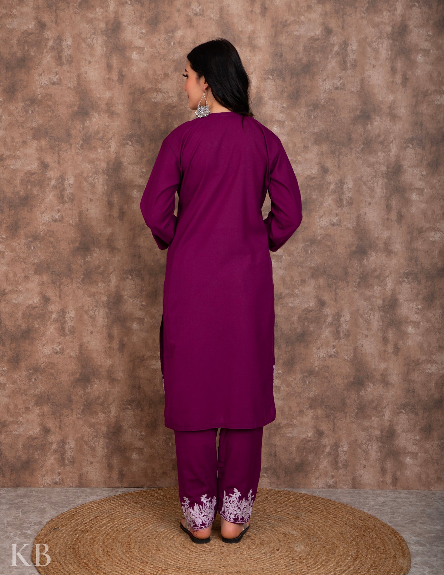 Zari Lined Purple Aari Embroidered Suit - Kashmir Box