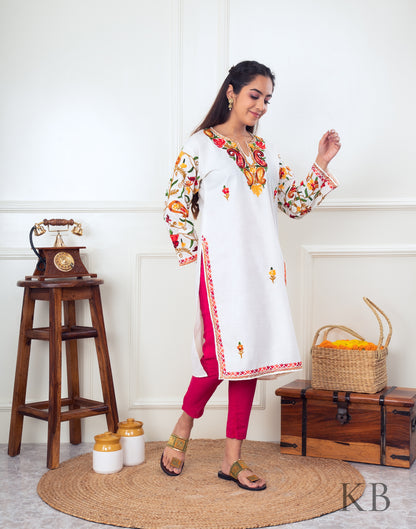 Multicolored Badaam Aari Embroidered Cotton Kurti - Kashmir Box