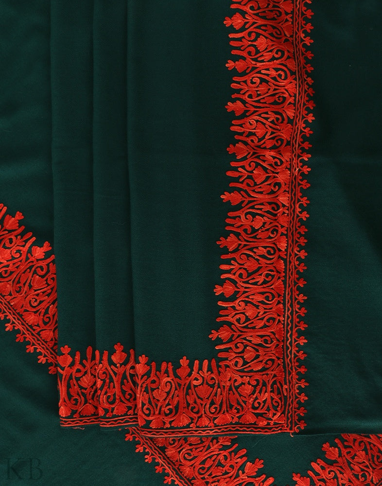Teal Green Aari Embroidered Cashmilon Shawl - KashmirBox.com