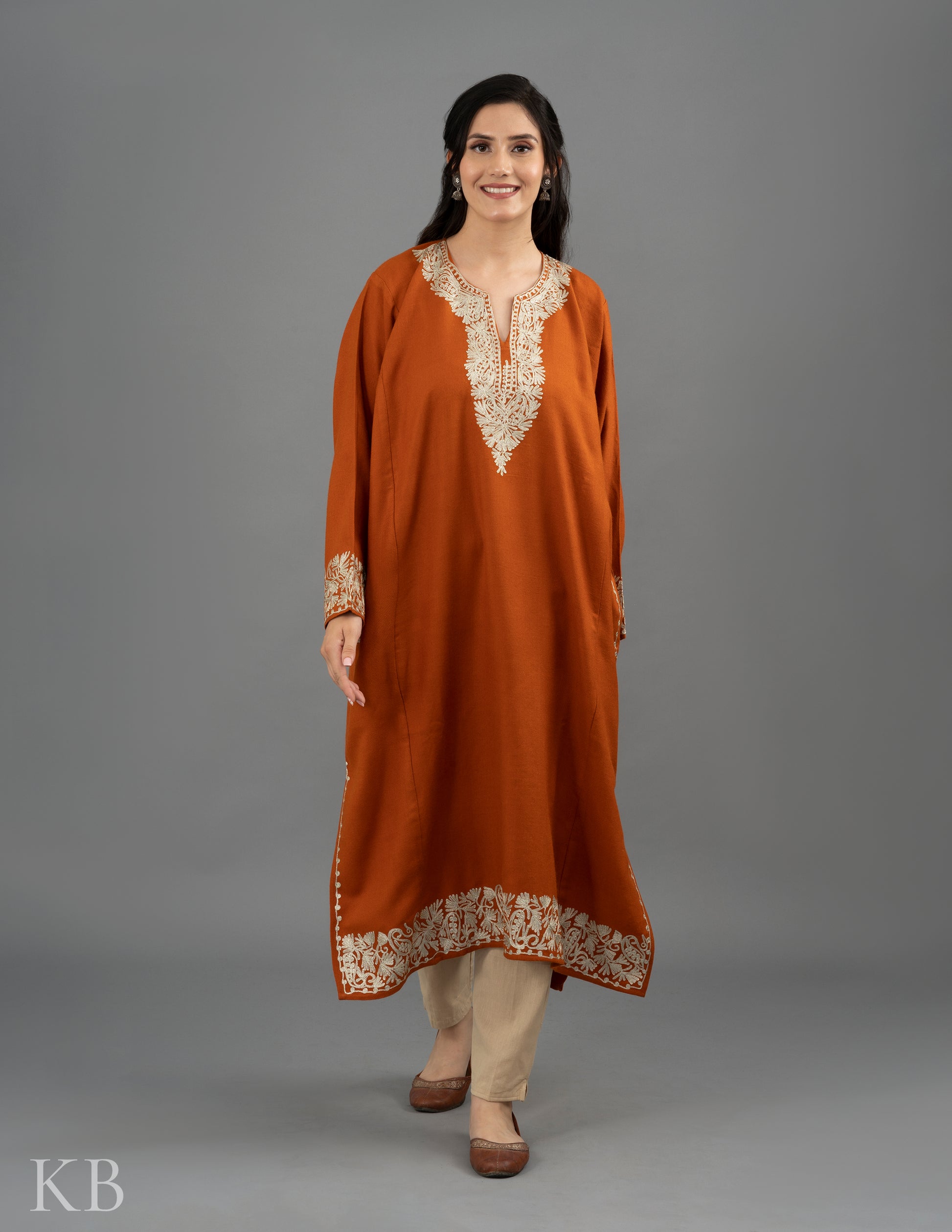 Zari Embroidered Orange Cashmilon Phiran - Kashmir Box