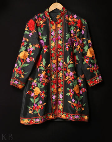 Black Posh Maal Aari Embroidered Silk Jacket - Kashmir Box