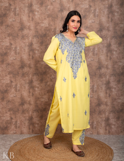 Lemon Aari embroidered Cotton Suit - Kashmir Box