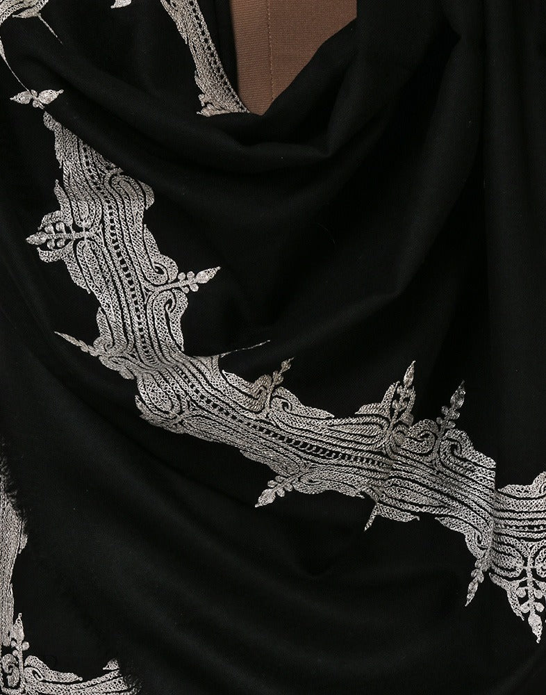 Black Silver Embroidered Cashmere Shawl - Kashmir Box