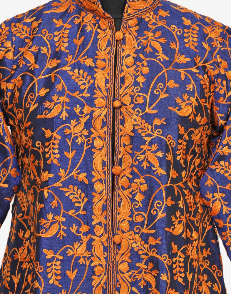 Royal Blue Aari Embroidered Silk Jacket - KashmirBox.com