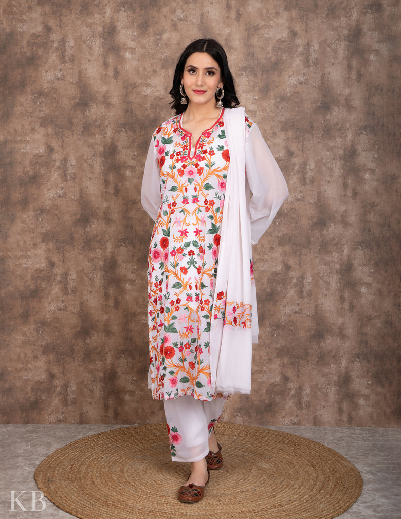 Bahaar White Aari Embroidered Georgette Suit - Kashmir Box