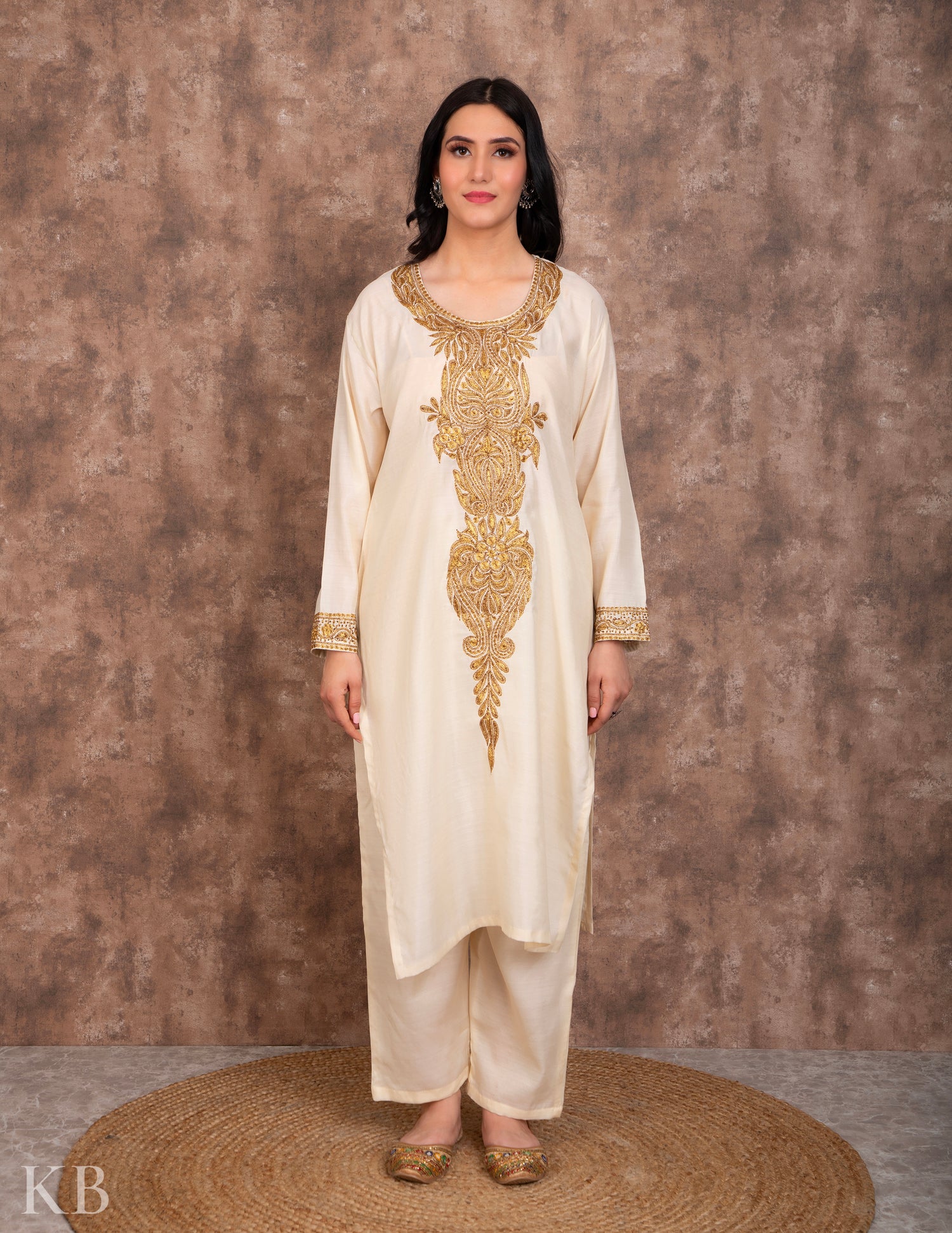 Cream Tilla Embroidered Silk Suit - Kashmir Box